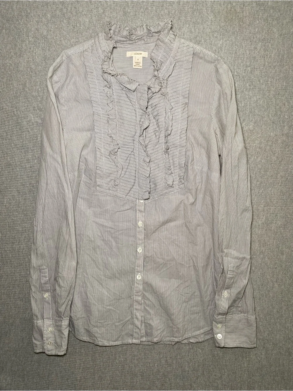 J Crew Pinstripe Cotton Ruffle Front Tuxedo Blouse Button Down Shirt Size 0